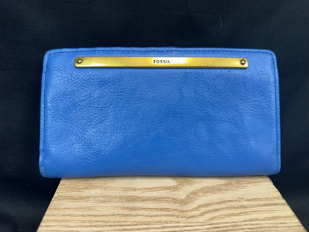 Fossil Blue Liza Leather Slim Bifold Wallet Preppy Classic Bright